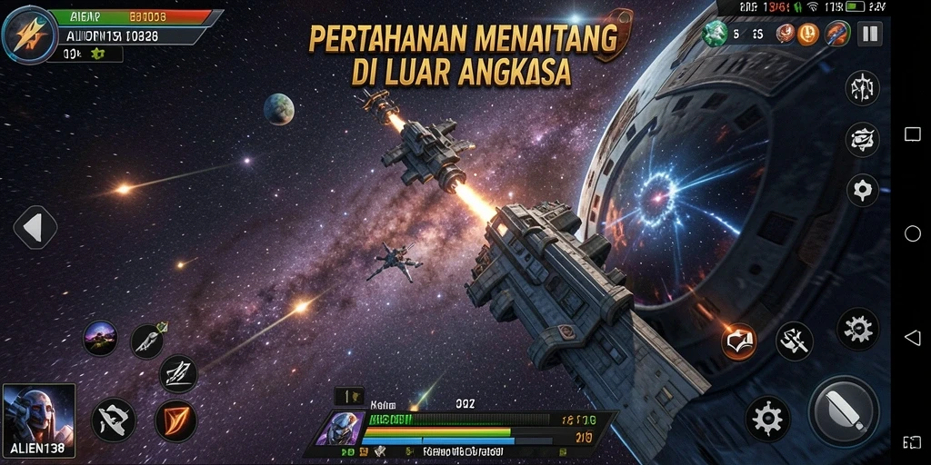 Tangkapan layar gameplay ALIEN138 menampilkan menara dan musuh yang menegangkan.