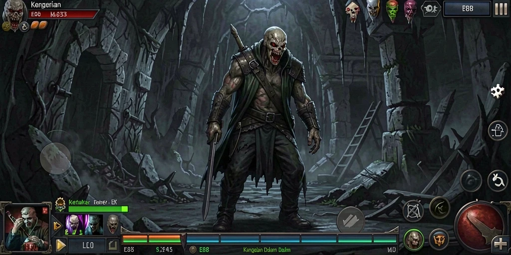 Screenshot gameplay E88 menampilkan suasana horror yang mencekam.