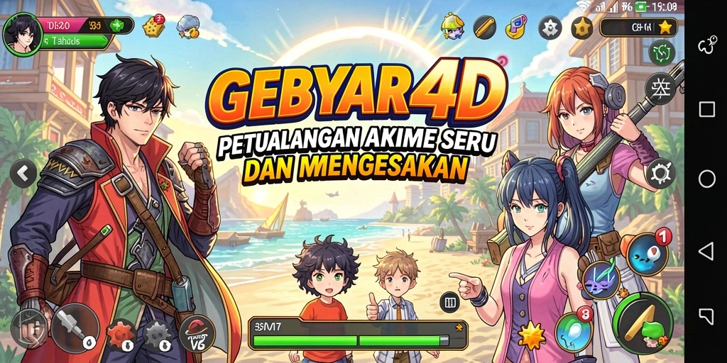 Screenshot utama GEBYAR4D menampilkan petualangan seru di dunia Anime.