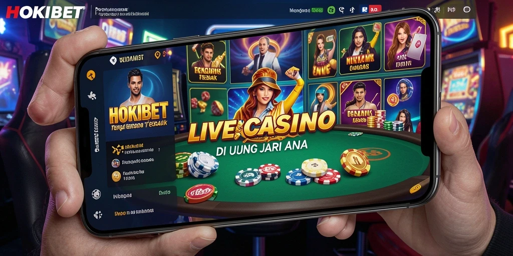 Tampilan utama HOKIBET menampilkan dealer langsung dalam permainan kasino yang seru.