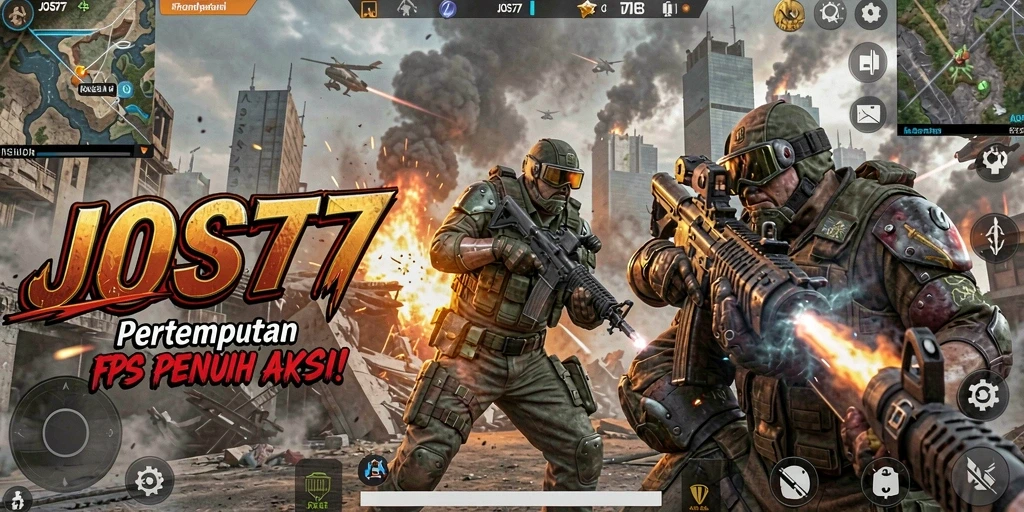 Tampilan intens dari gameplay JOS77 dalam pertempuran FPS.