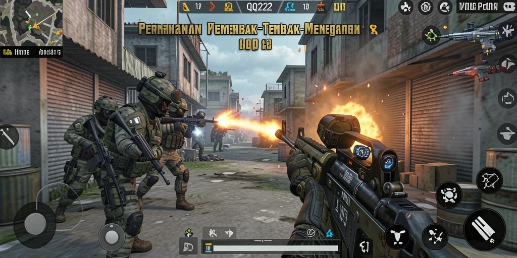 Screenshot QQ222 menampilkan aksi tembak menembak yang intens di arena.