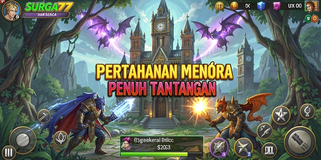 Tangkapan layar SURGA77 menunjukkan menara bertarung melawan gelombang musuh.