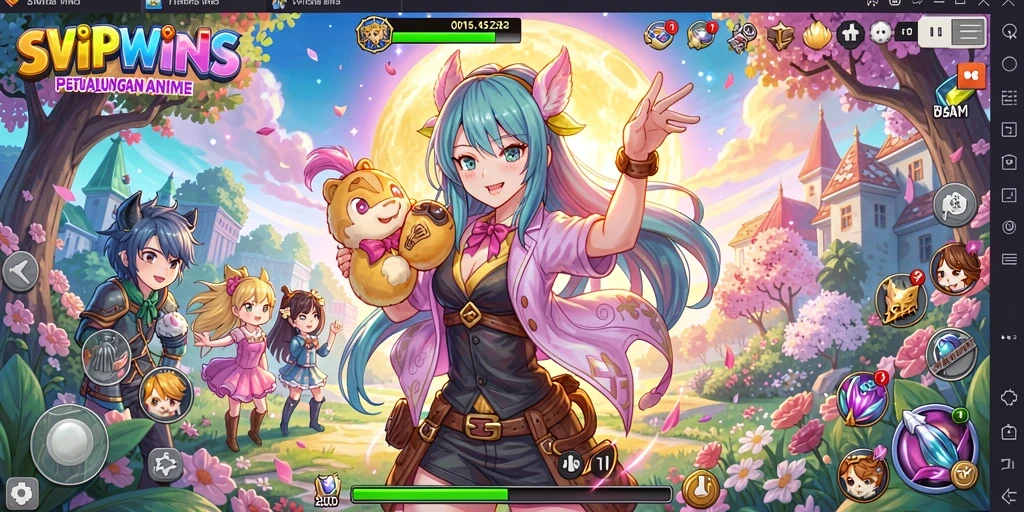 Screenshot gameplay SVIPWINS yang menampilkan karakter anime bertarung.