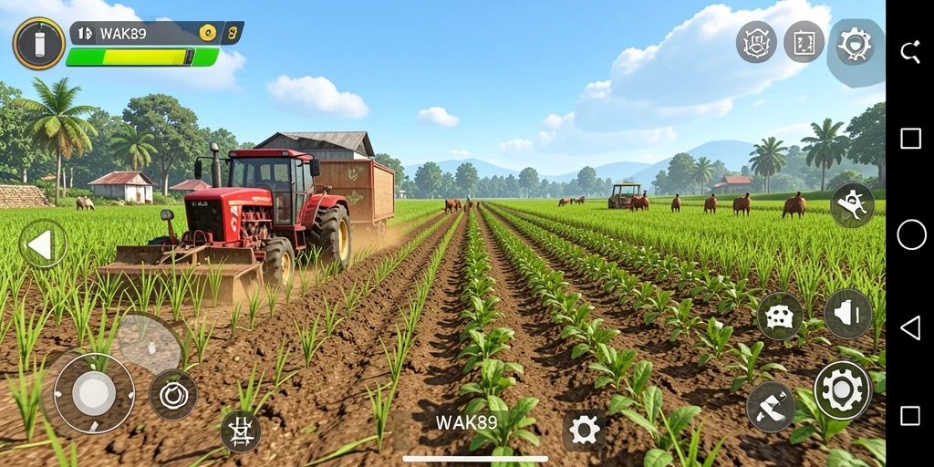 Screenshot menunjukkan pemain menanam dan merawat tanaman di ladang.