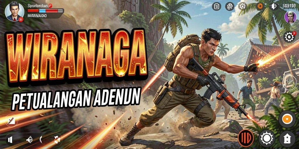 Tangkapan layar gameplay WIRANAGA dengan aksi pertempuran seru.